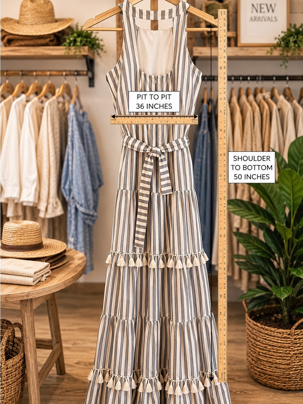 Eliza J Size 10 Striped Tiered Maxi Dress Tassel Trim Belted Boho Coastal Resort - Picture 3 of 7